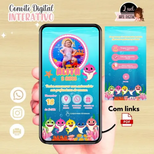Convite Digital Interativo Baby Shark Rosa