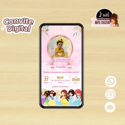 Convite Digital com Foto Princesas Disney