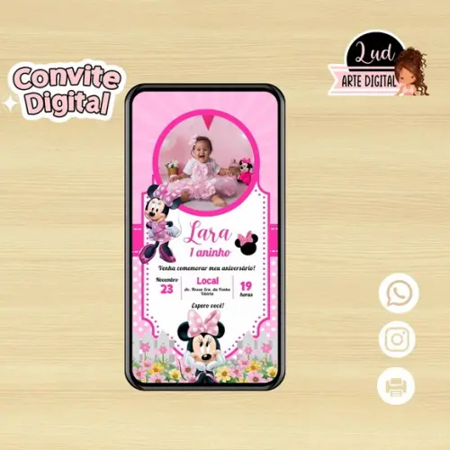 Convite Digital com Foto Minnie Rosa