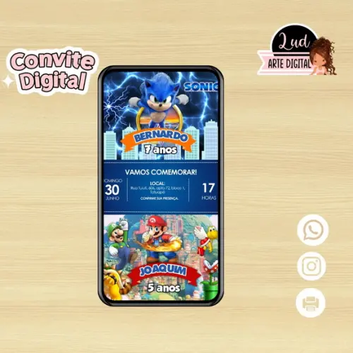 Convite Digital Dois Temas/duplo - Sonic e Super Mário
