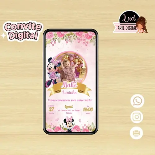 Convite Digital com Foto Minnie Rosa