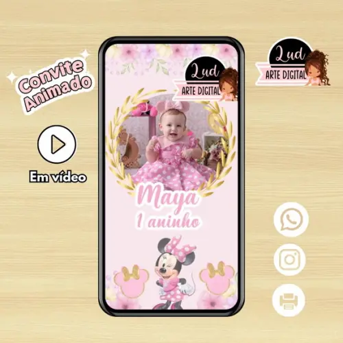 Convite Animado Minnie Rosa / Realeza / Candy