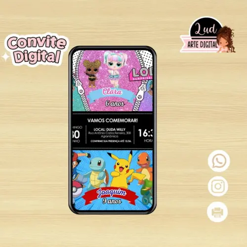 Convite Digital Dois Temas/duplo - Pokémon e Lol Surprise