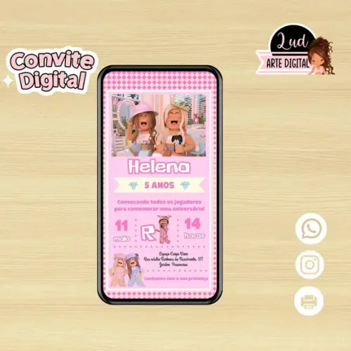 Convite Digital Roblox Rosa