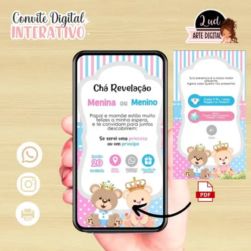 Convite Digital Interativo Chá Revelação Ursinhos