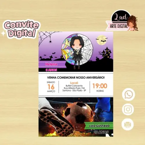 Convite Digital Dois Temas/duplo - Wandinha e Futebol