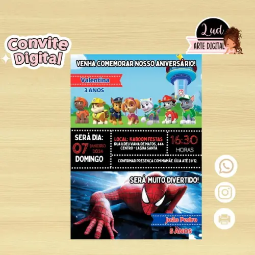 Convite Digital Dois Temas/patrulha Canina e Homem Aranha