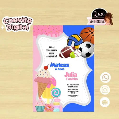 Convite Digital Dois Temas/duplo - Confeitaria e Bolas