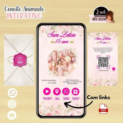 Convite Interativo Animado 15 Anos Rosa