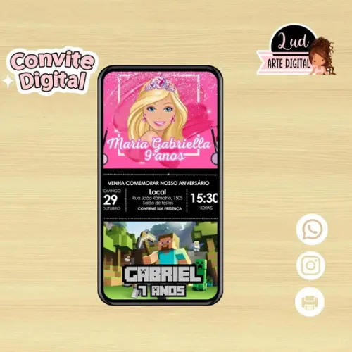 Convite Digital Dois Temas Duplo - Minecraft e Barbie