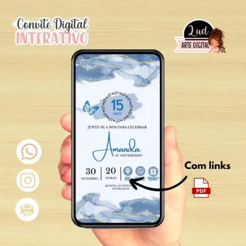 Convite Digital Interativo 15 Anos Azul e Dourado Mármore