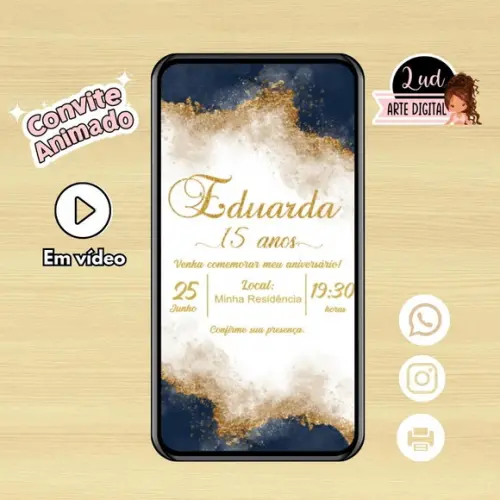Convite Animado 30s 15 Anos Azul e Dourado Mármore
