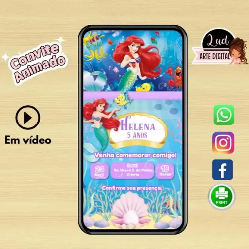 Convite Animado Sereia Ariel 30s