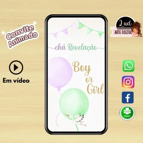 Convite Animado Chá Revelação Lilás e Verde