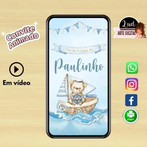 Convite Animado Chá de Fraldas Ursinho Marinheiro