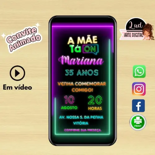 Convite Animado 30s a Mãe Ta On / Neon
