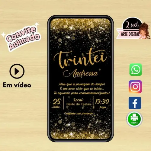 Convite Animado Adulto Preto e Dourado 30 Anos