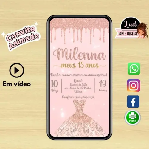 Convite Animado Vertical 30s 15 Anos Rosa