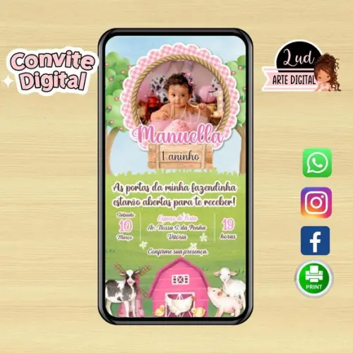 Convite Digital com Foto Fazendinha Rosa
