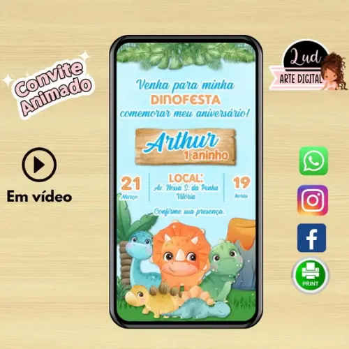 Convite Animado Vertical 30s Dino Baby