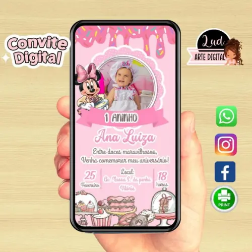 Convite Digital com Foto Confeitaria da Minnie