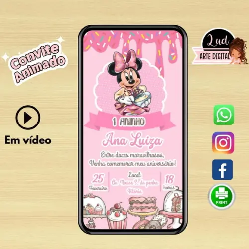 Convite Animado Vertical 30s Minnie Confeitaria