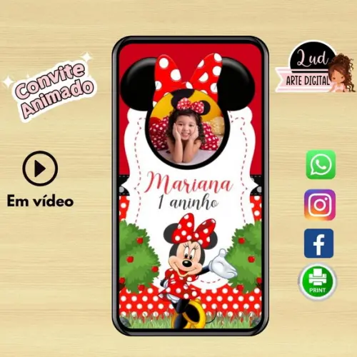 Convite Animado Vertical 30s Minnie Vermelha
