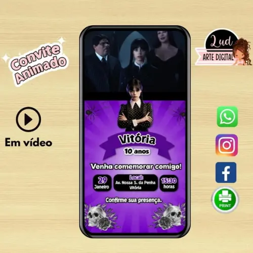 Convite Animado Vertical 30s Wandinha Addams
