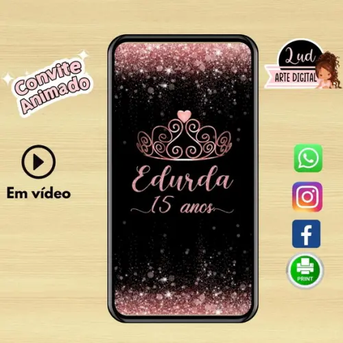 Convite Animado Vertical 30s 15 Anos Preto e Rosa