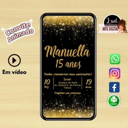 Convite Animado Vertical 30s 15 Anos Dourado e Preto