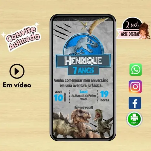 Convite Animado Vertical 30s Jurassic Park Dinossauro