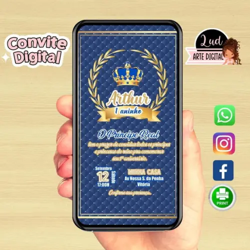 Convite Digital Realeza Azul / Príncipe