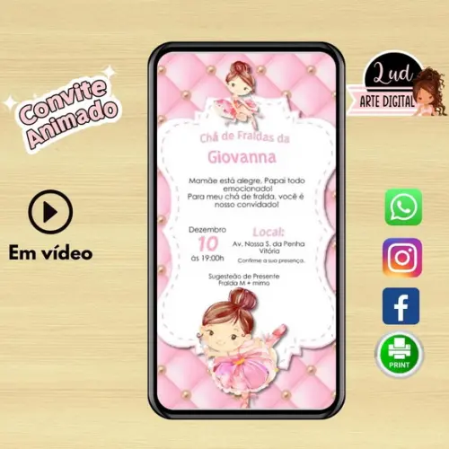 Convite Animado Vertical 30s Chá de Fralda Bailarina