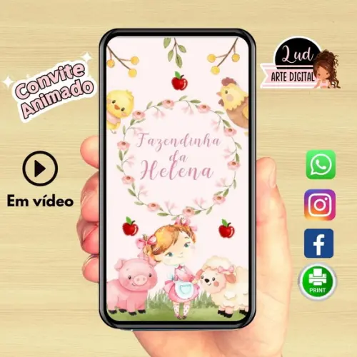 Convite Animado Vertical 30s Fazendinha Rosa