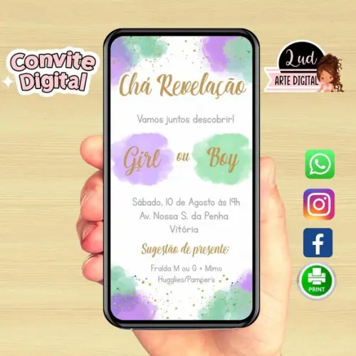 Convite Digital Chá Revelação Girl ou Boy Lilás e Verde