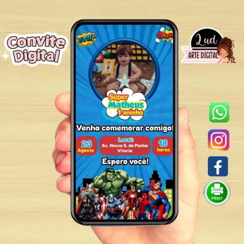 Convite Digital Com Foto Super Heróis