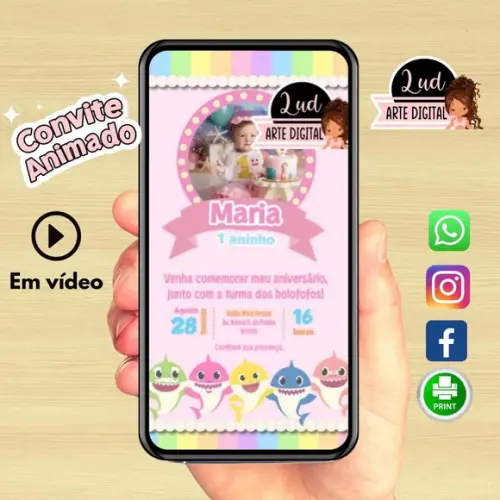 Convite Animado Vertical 30s Baby Shark Rosa