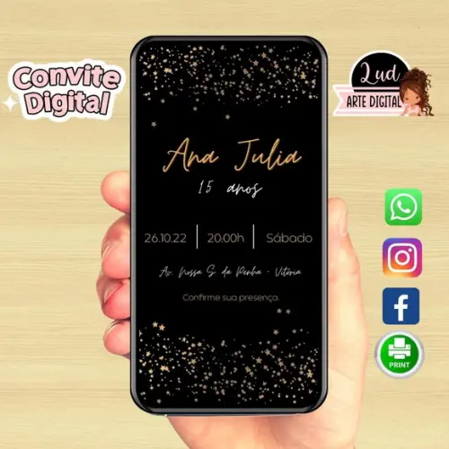 Convite Digital Adulto Preto E Dourado