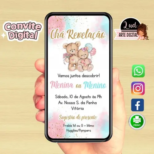 Convite Digital Chá Revelação Ursinhos