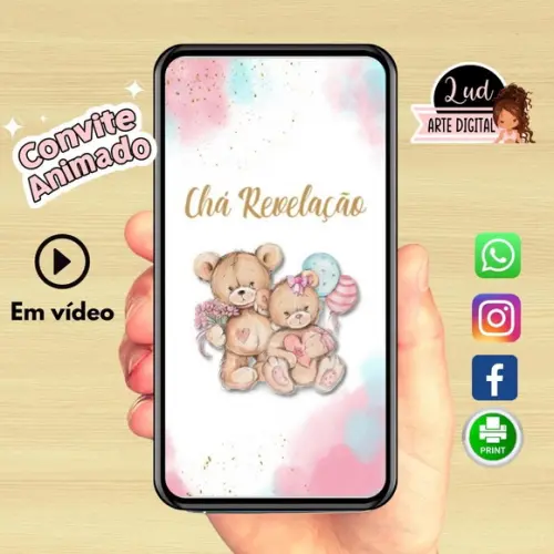 Convite Animado Vertical Chá Revelação Ursinhos