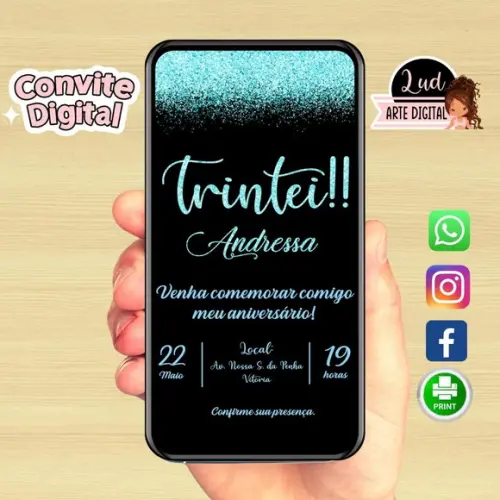 Convite Digital Adulto Preto E Azul Trintei