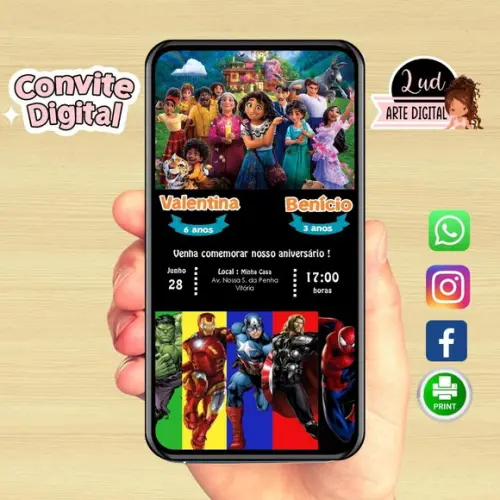 Convite Digital Dois Temas Encanto / Vingadores