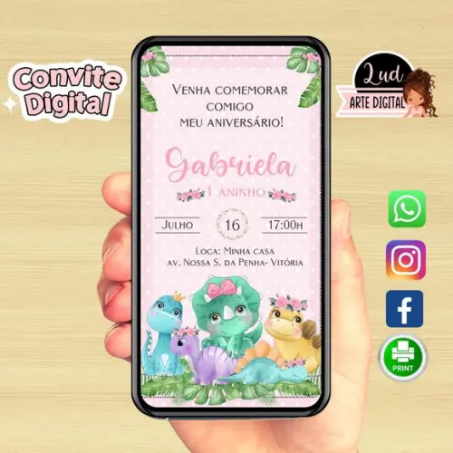 Convite Digital Dinossauro Baby Rosa
