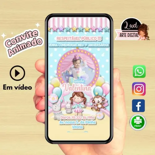 Convite Animado Vertical 20s Circo Rosa