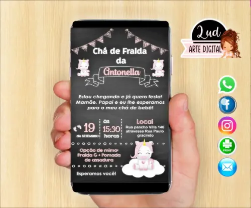 Convite Digital Chá de Fraldas unicórnio