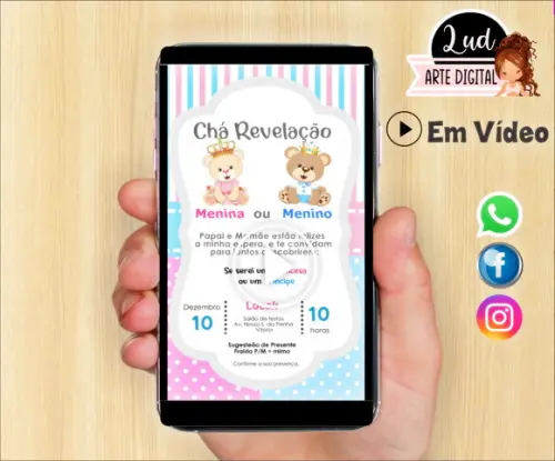 Convite Animado Vertical Chá Revelação Ursinhos