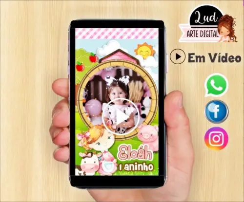 Convite Animado Vertical Fazendinha rosa