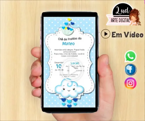 Convite Animado Vertical Chá de Fralda Nuvem