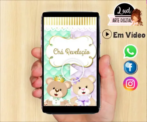 Convite Animado Chá Revelação Ursinhos Lilás e Verde