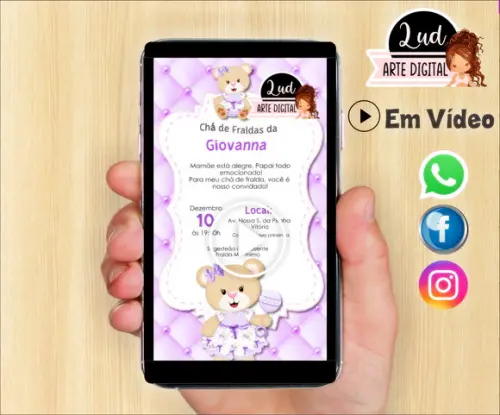 Convite Animado Vertical Chá de Fralda ursinha Lilás